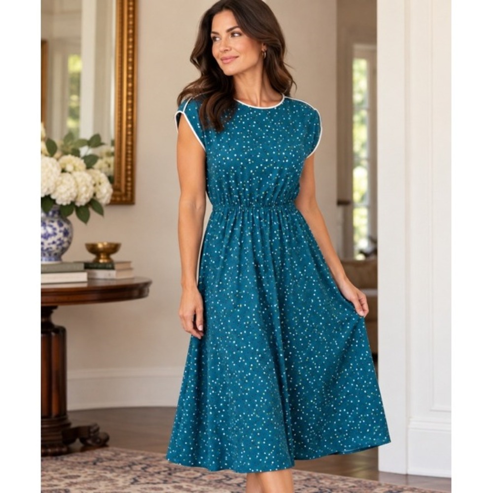Vintage 80s Teal Floral Tulip Print Midi Dress White Piping Elastic Waist Sz 12